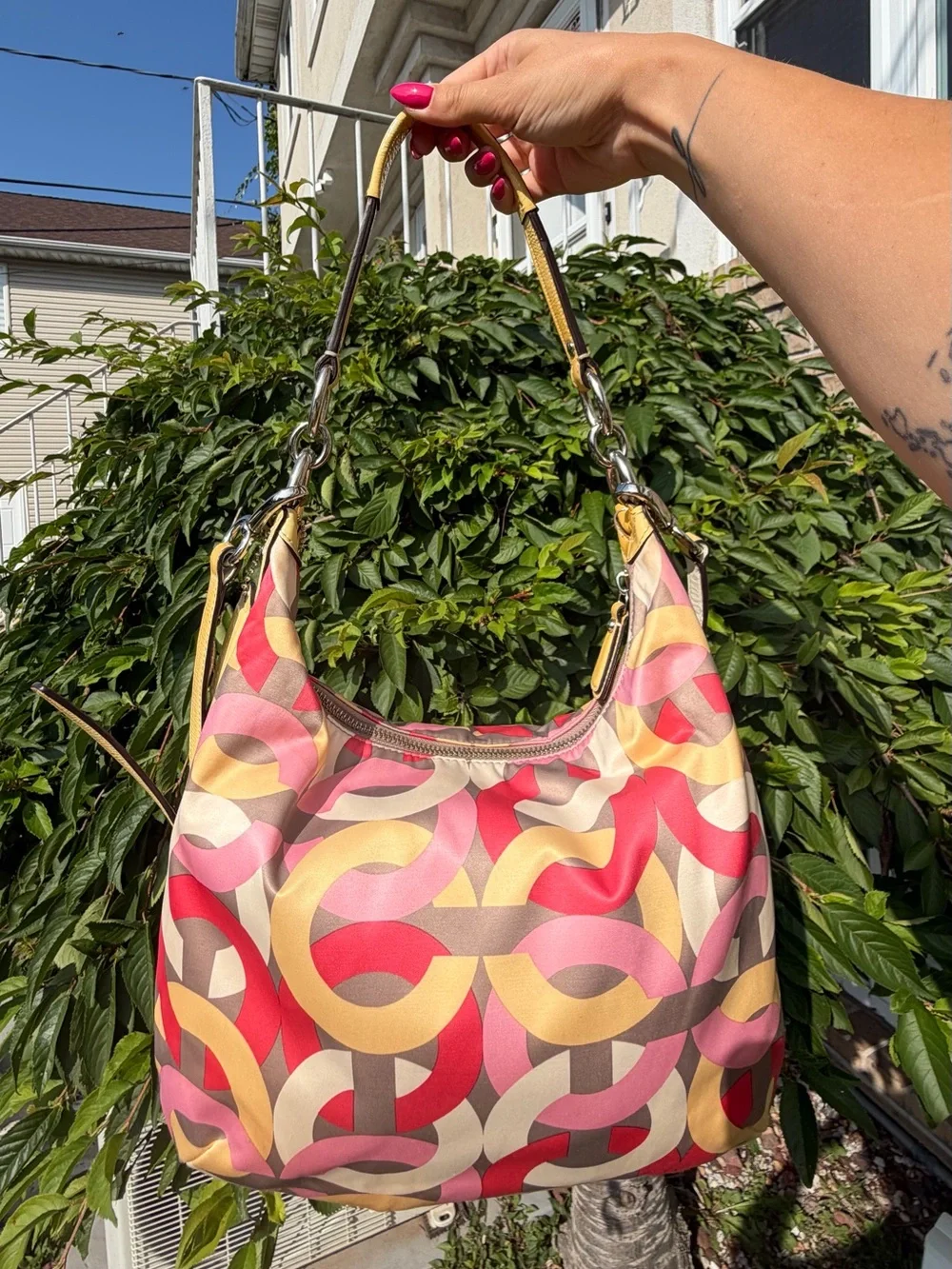 Coach Y2K Multicolor Kristin Op Art Sateen Shoulder Crossbody Bag Pink Yellow
